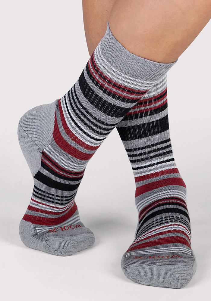 Humktnn | Women’s Lightweight Merino Wool Crew Socks with Cushion Support, Grey Stripe