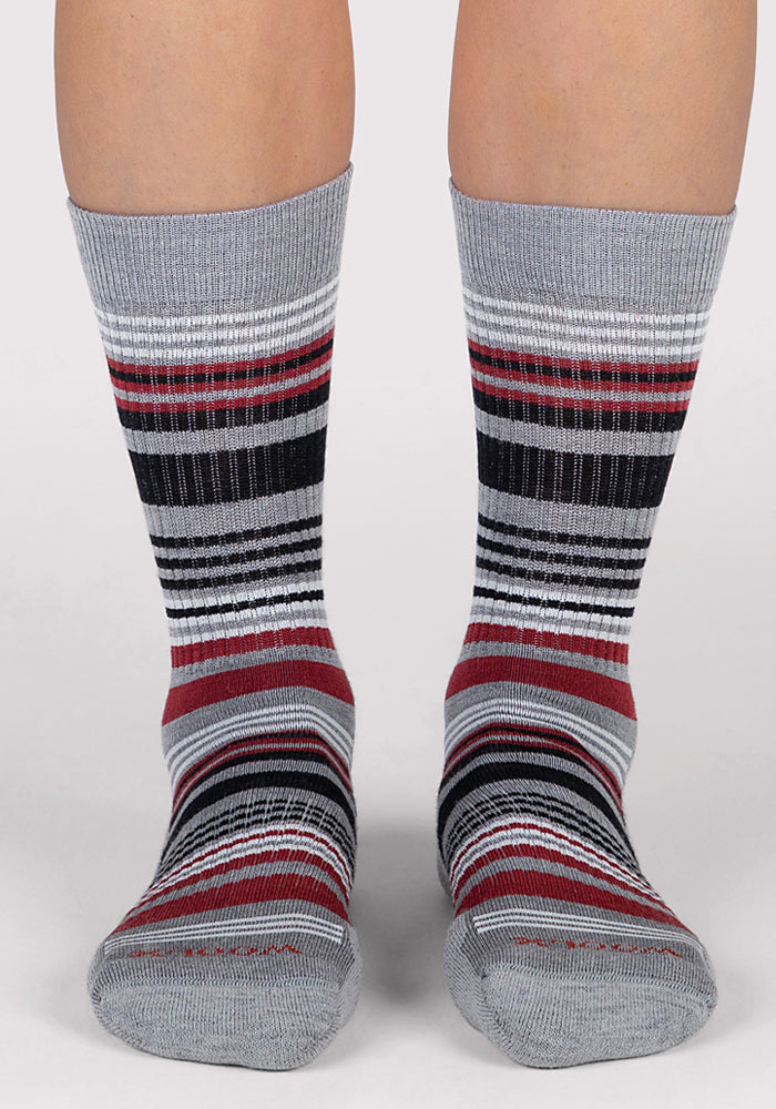 Humktnn | Women’s Lightweight Merino Wool Crew Socks with Cushion Support, Grey Stripe