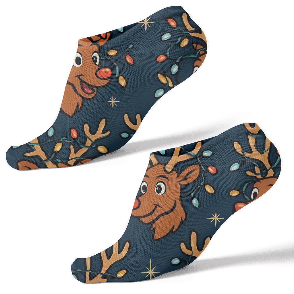 Humktnn | Midnight Blue Reindeer Ankle Socks – Christmas Light Grid Socks