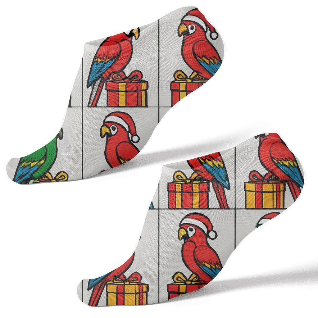 Humktnn | Santa Hat Parrot Ankle Socks – Gray Holiday Gift Grid Socks