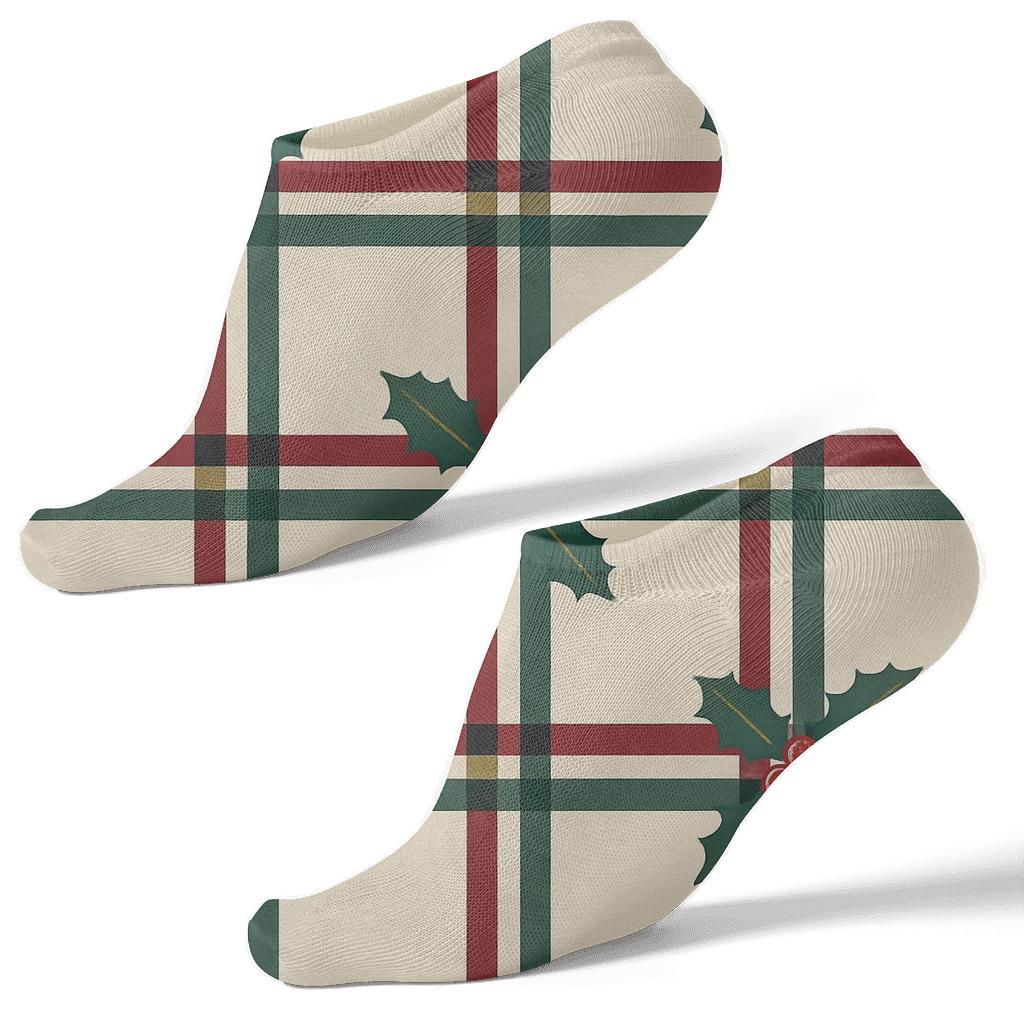 Humktnn | Christmas Plaid Ankle Socks – Holly Ribbon Design on Beige